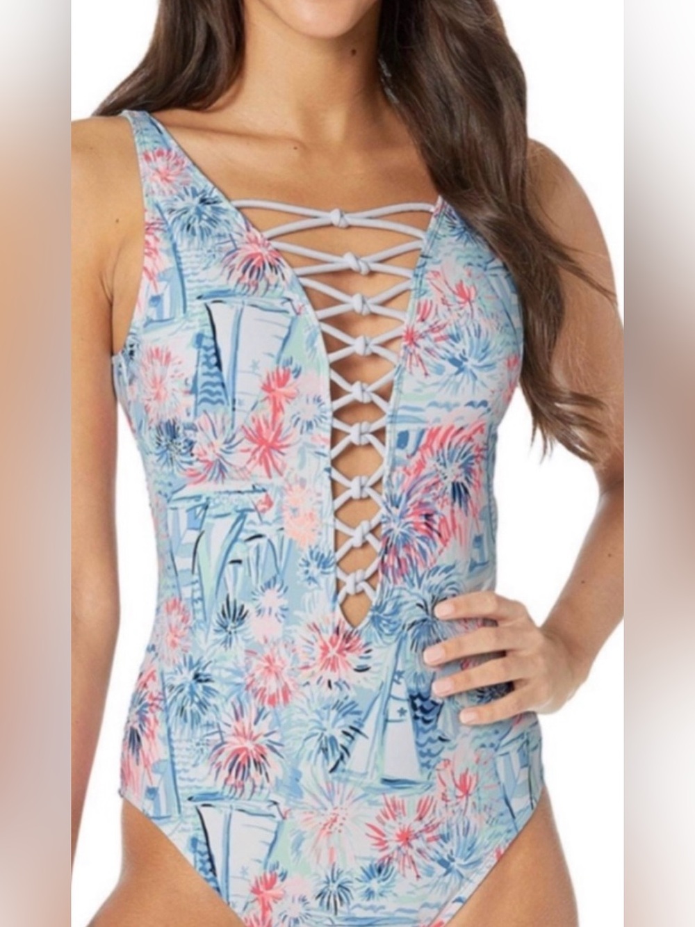 NWT Lilly Pulitzer Isle Lattice Size 4 Crew Blue Tint Sea to Shining Sea